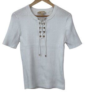 Michael Kors Lace-Up Ribbed Soft Stretch Knit Top Short-Sleeve White Women Large
